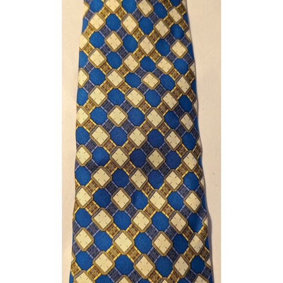 Piaget Silk Vintage 100% Silk Blue Gold Geometric Design Neck Tie - Picture 9 of 16